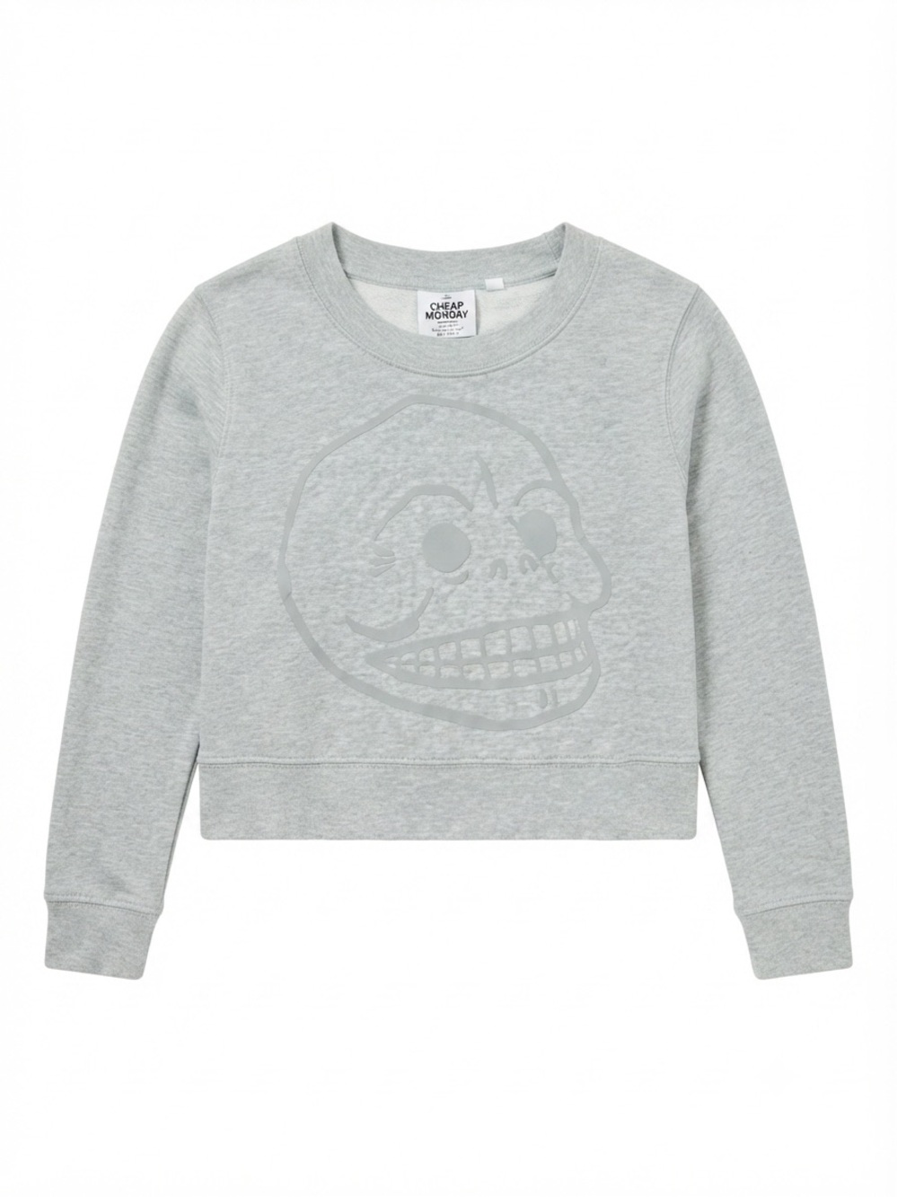 Cheap Monday Grey Tonal Skull Cropped Sweatshirt, punk, skater, grunge, edgy